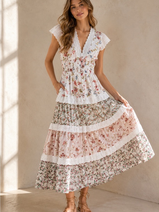 Anthropologie Dresses & Skirts - NWT By Anthropologie Peregrine Tiered Deco Midi Dress Floral Lace Cotton